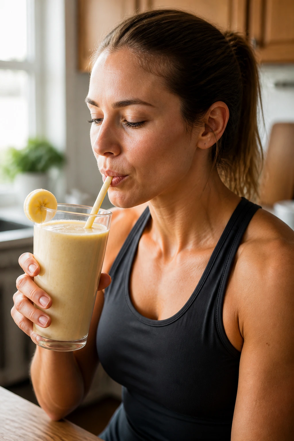 Portrait of real person sipping a banana smoothie, warm kitchen light