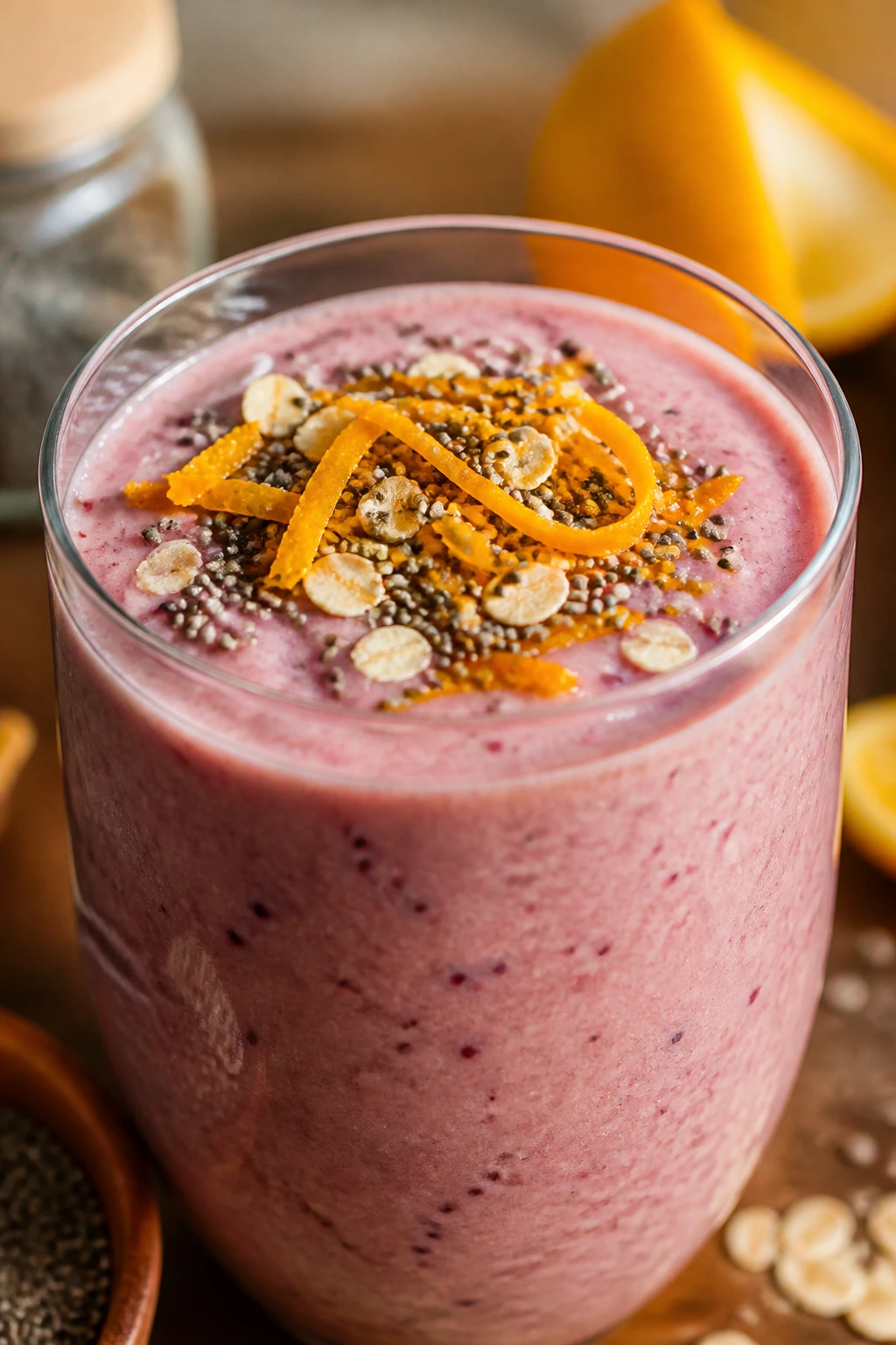 Smoothie with citrus zest, chia seeds, and oats toppings on top