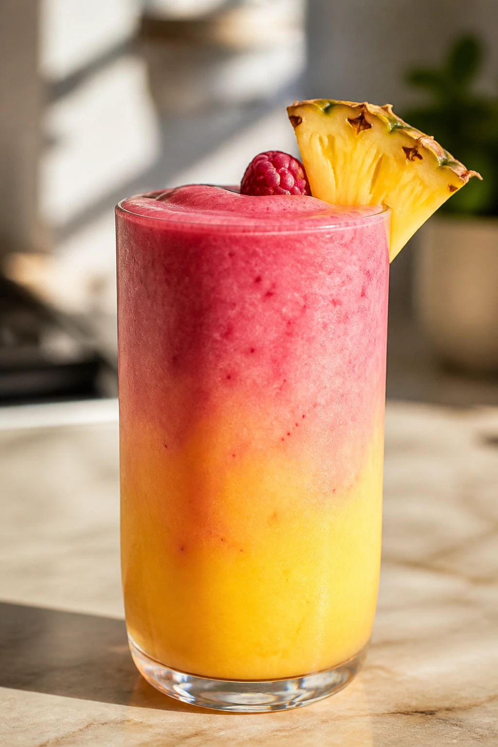 Layered color smoothie in a glass on a sunny kitchen counter, illustrating flavor variation
