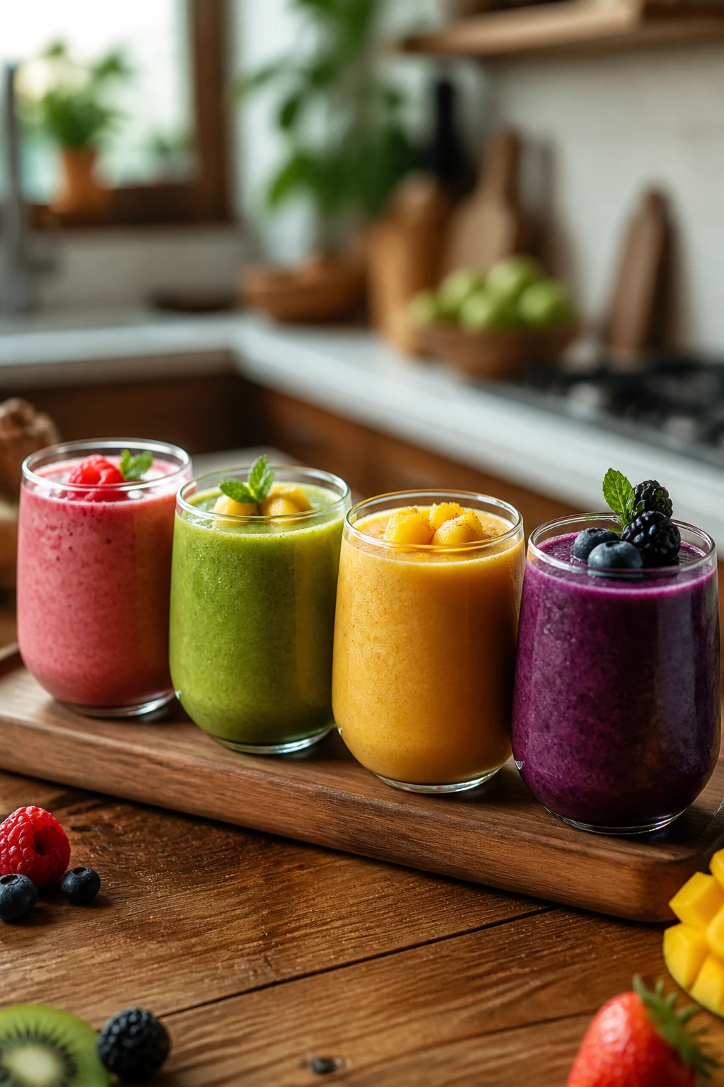 Close-up of a four-glass smoothie flight with pink, green, gold, and purple drinks on a wooden table in a warm kitchen.