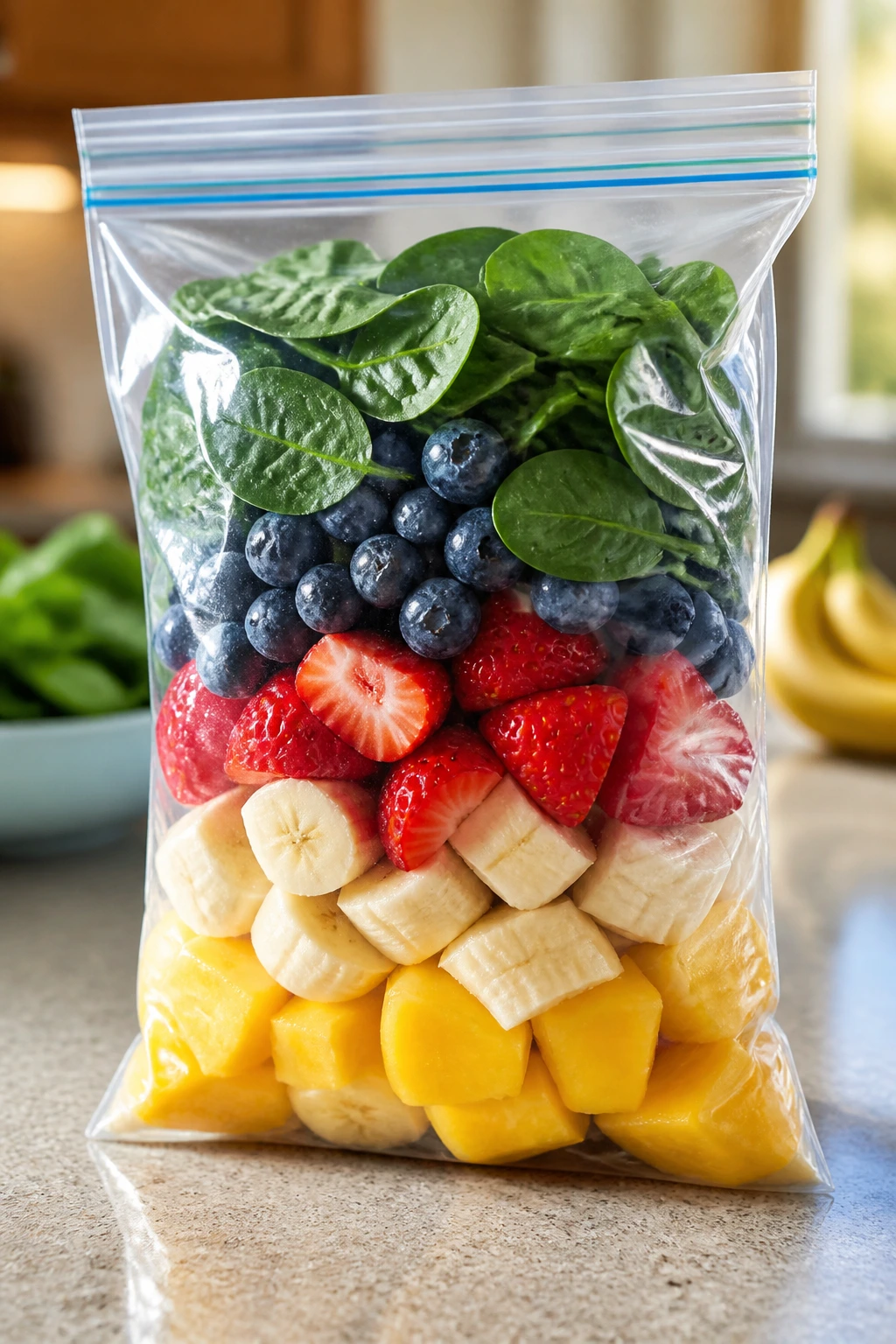 Clear freezer bag with layered smoothie fruits and spinach on a kitchen counter
