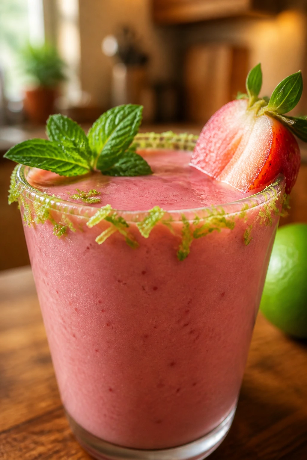 Smoothie glass with lime zest, mint, and strawberry garnish elevating the drink