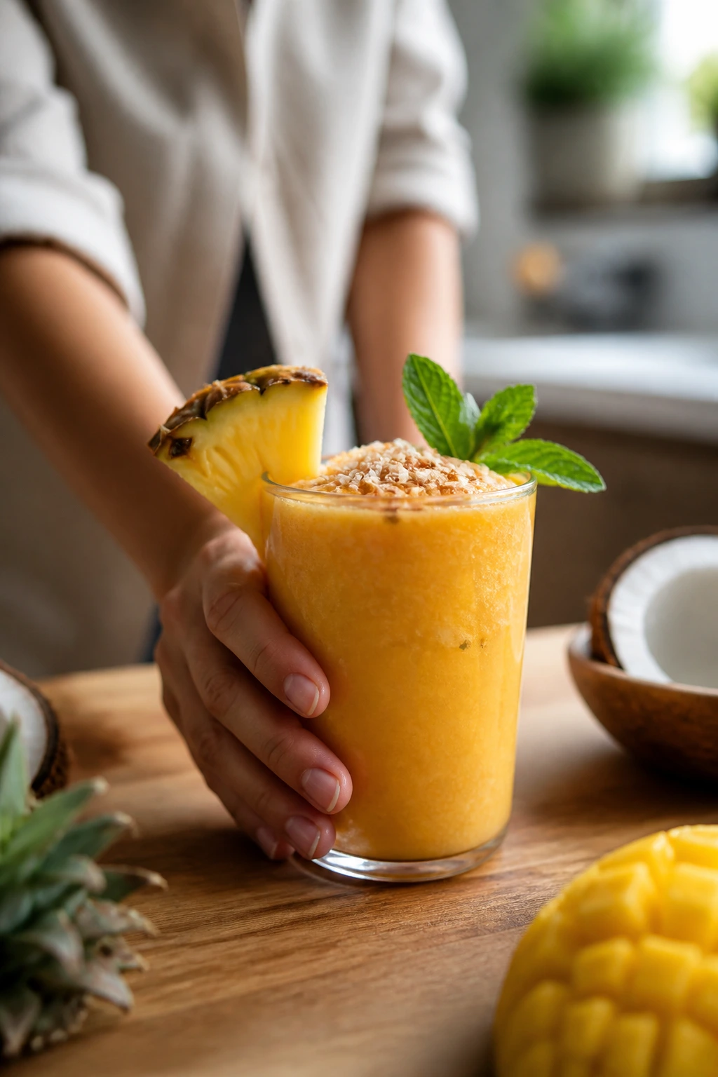 Glass of tropical smoothie with garnish on a kitchen counter