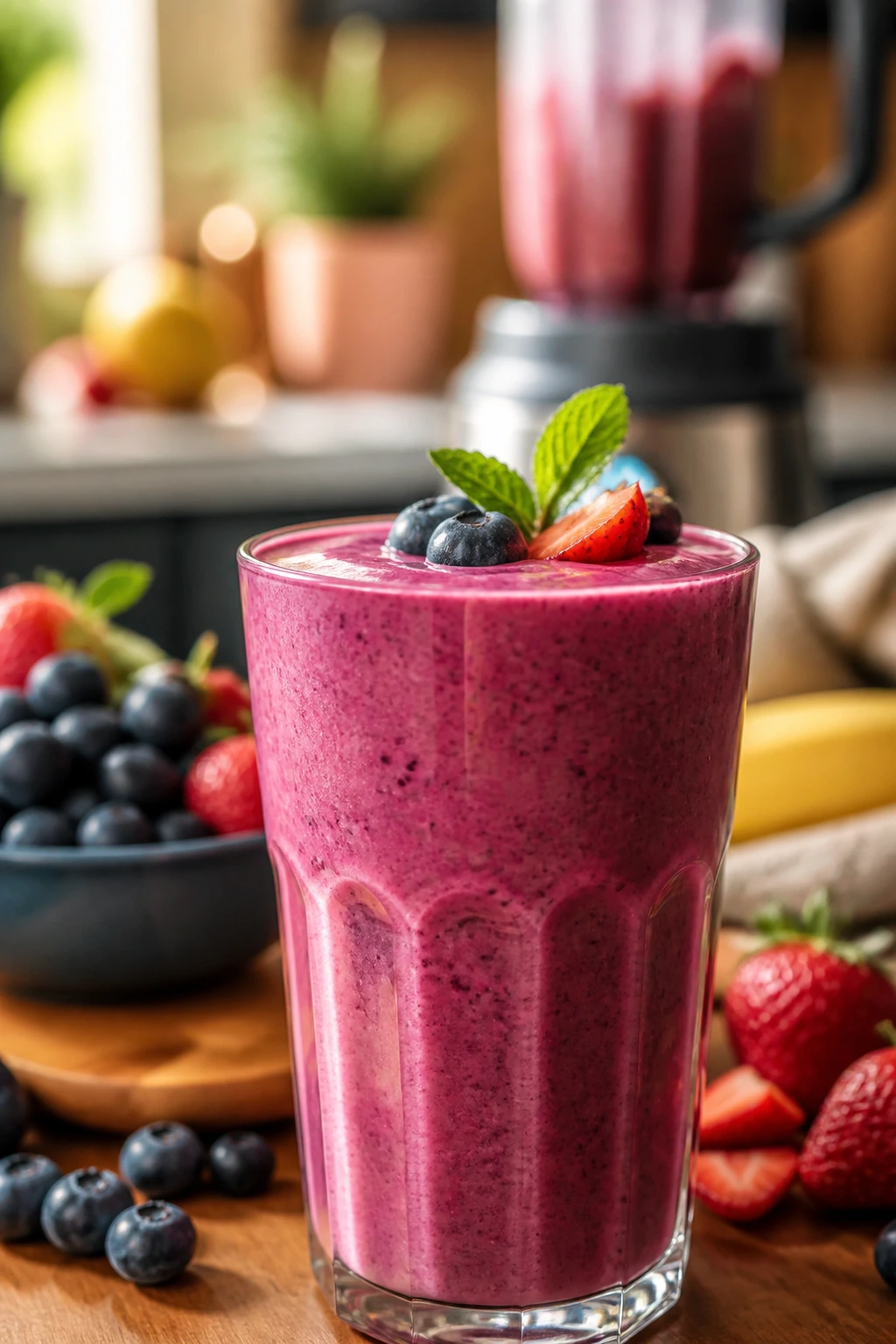 Close-up of a vibrant smoothie in a glass on a warm kitchen island, blurred background