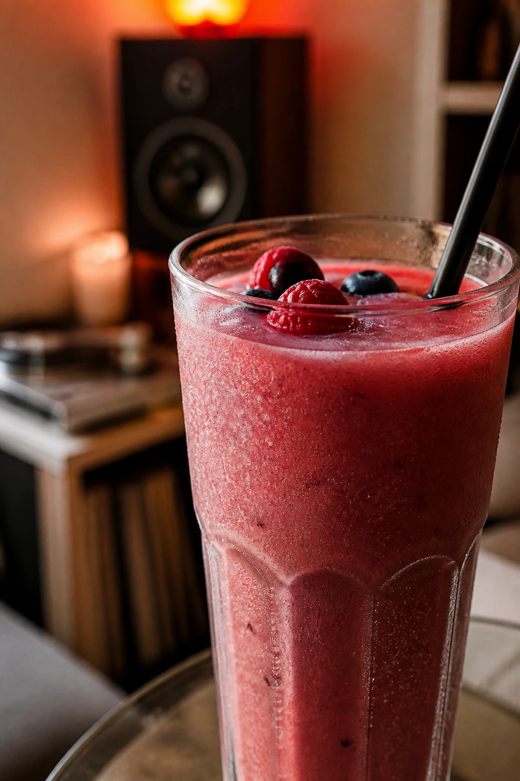 Frosty smoothie glass with a music-friendly background suggesting a night in