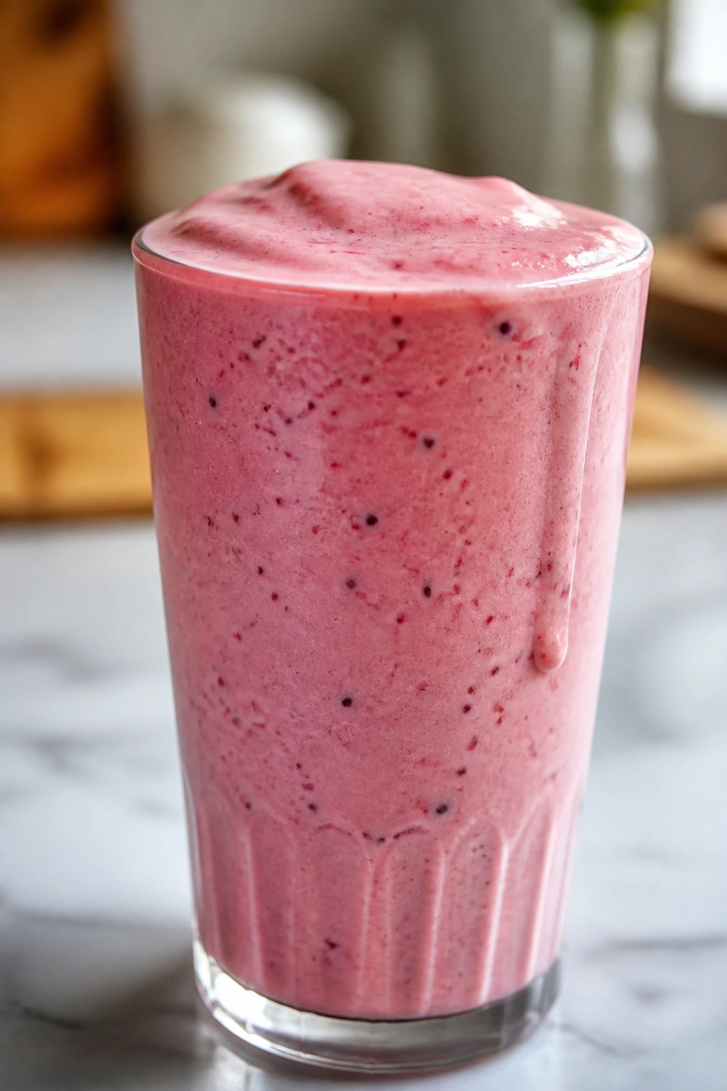 Glass of thick smoothie on counter