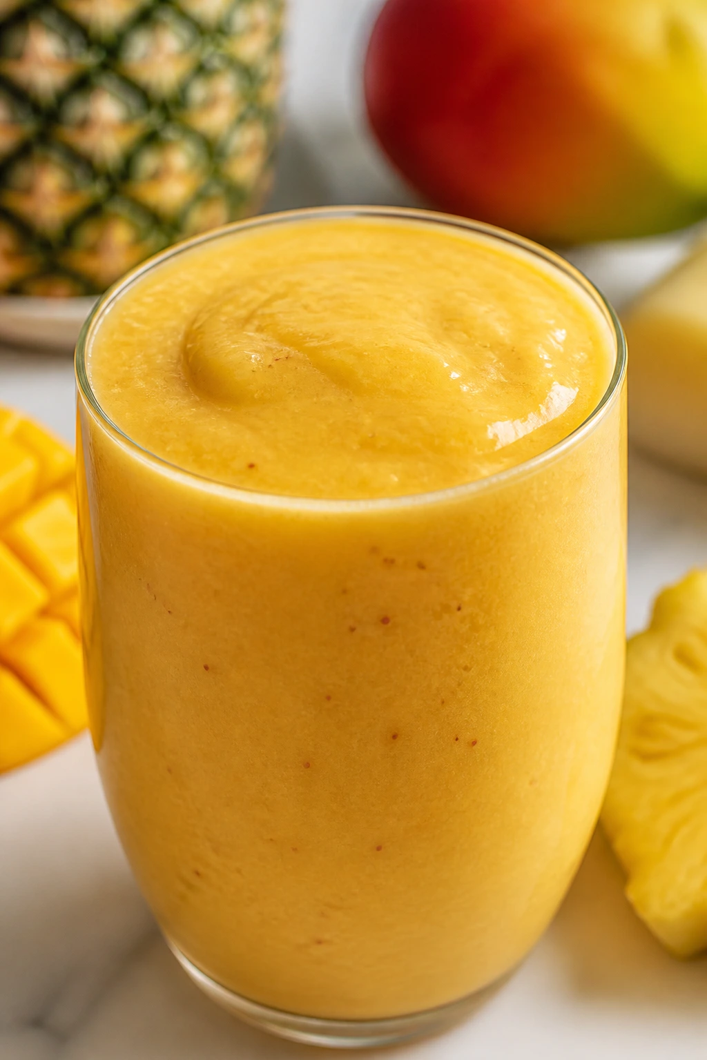 Glass of thick tropical smoothie on a kitchen counter