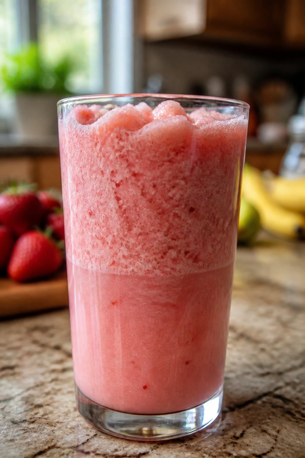 Close-up of a glass smoothie with uneven texture showing ice-related mistakes in a home kitchen