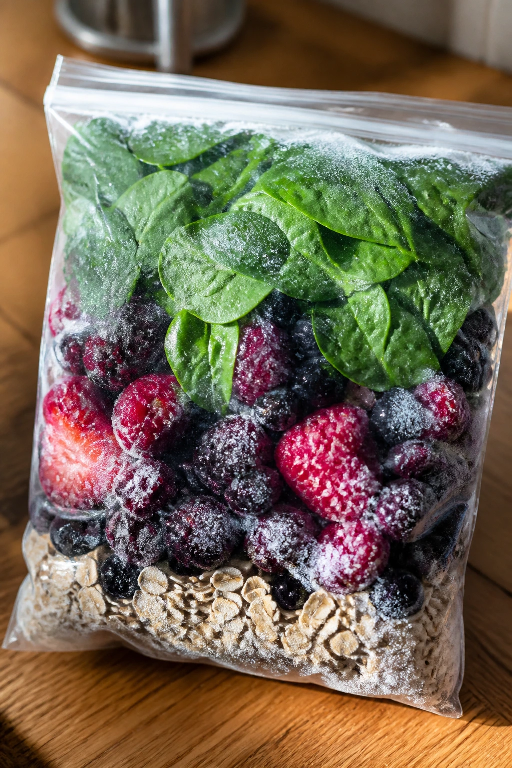 Clear freezer bag with berries and spinach for smoothie packs