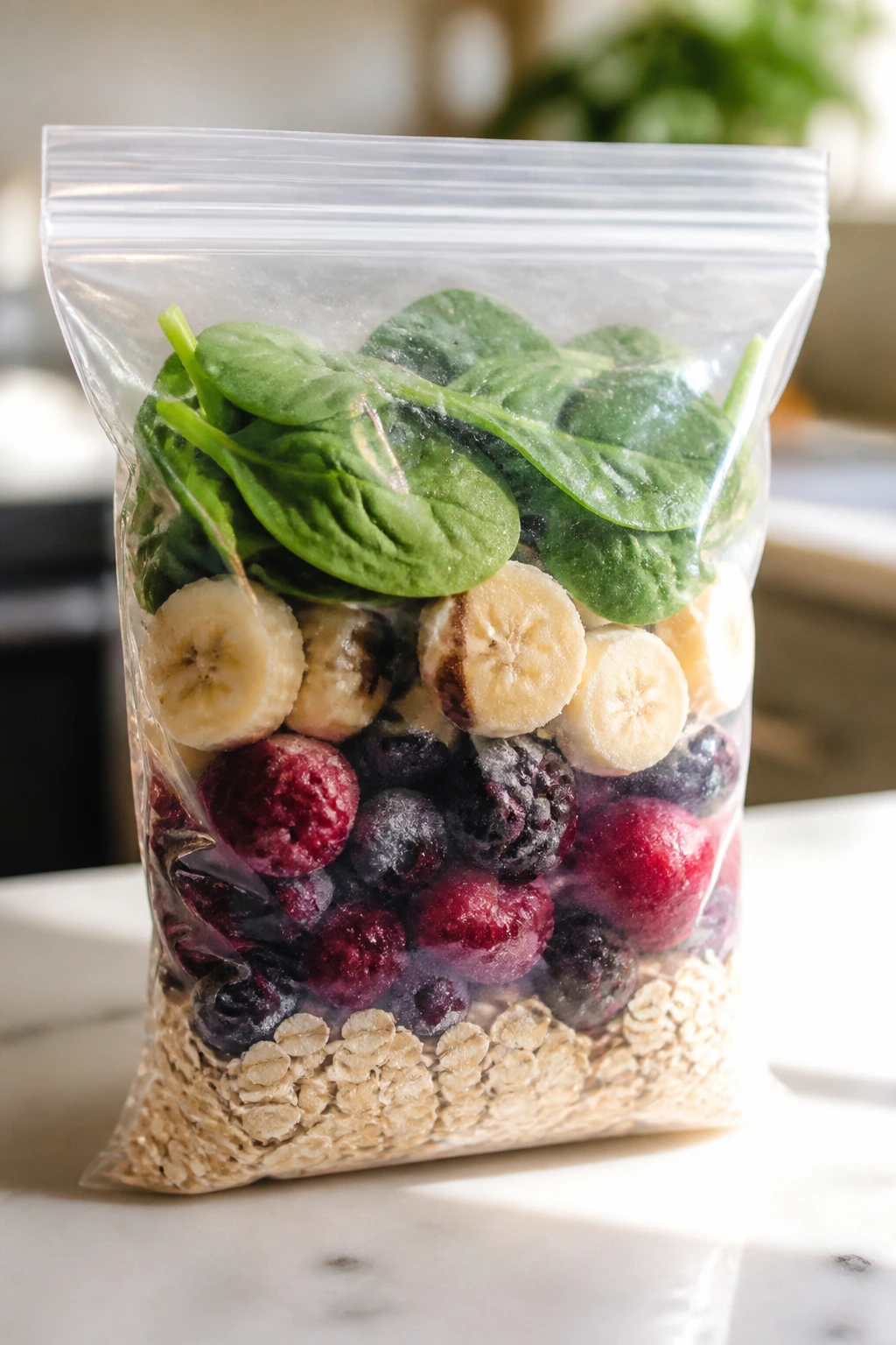 Close-up of a freezer bag filled with smoothie ingredients on a kitchen counter