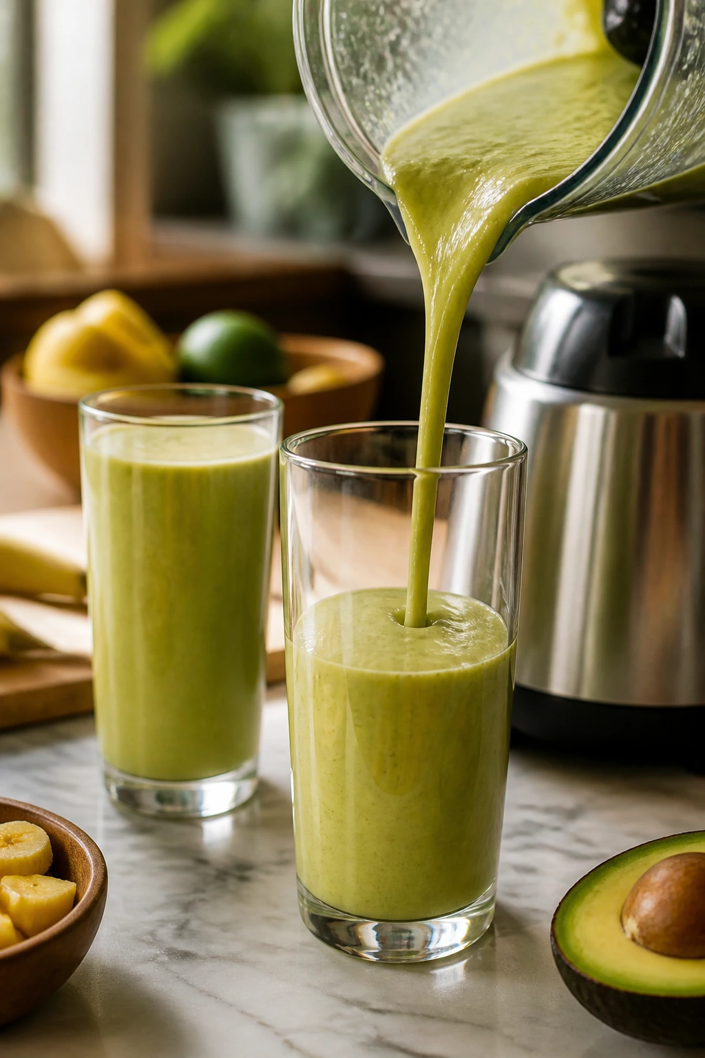 Pouring smoothie from blender into glass in warm kitchen