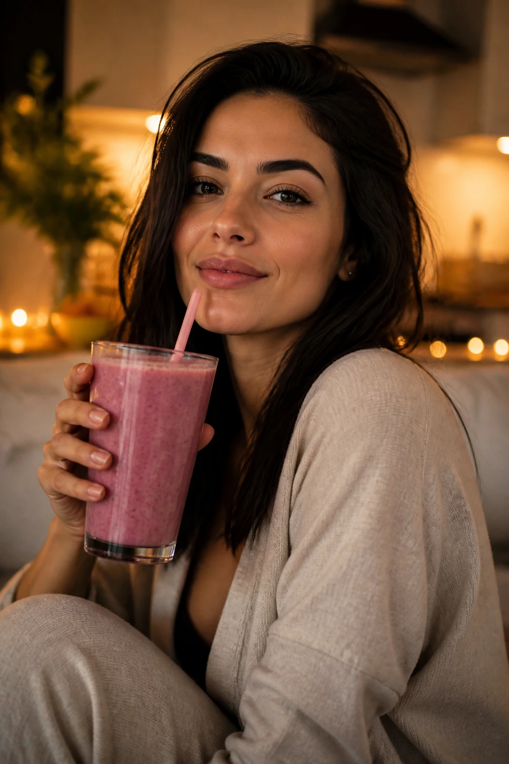 Real woman holding smoothie in cozy kitchen