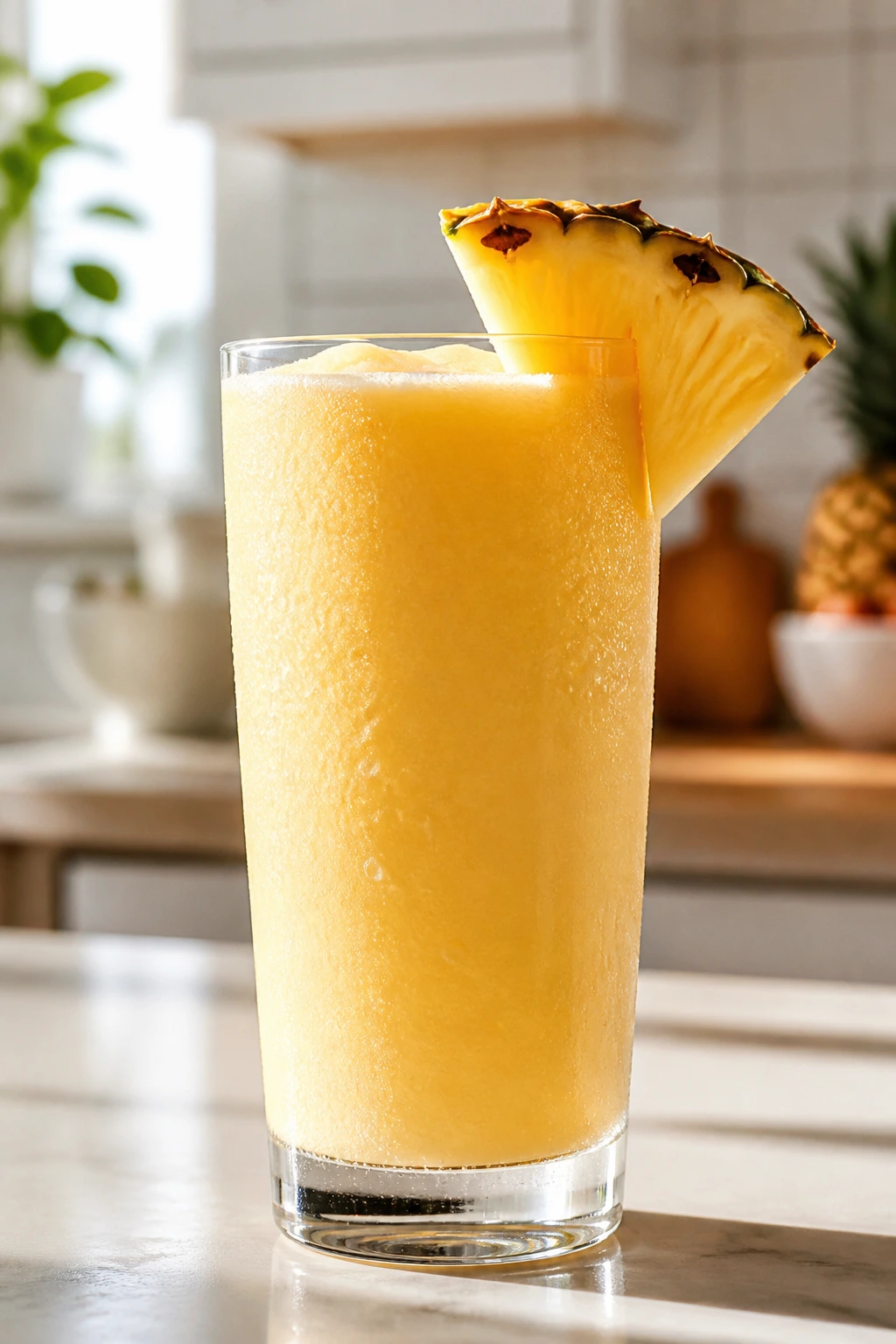 Tall chilled glass of pale gold smoothie with pineapple garnish on rim in a bright kitchen