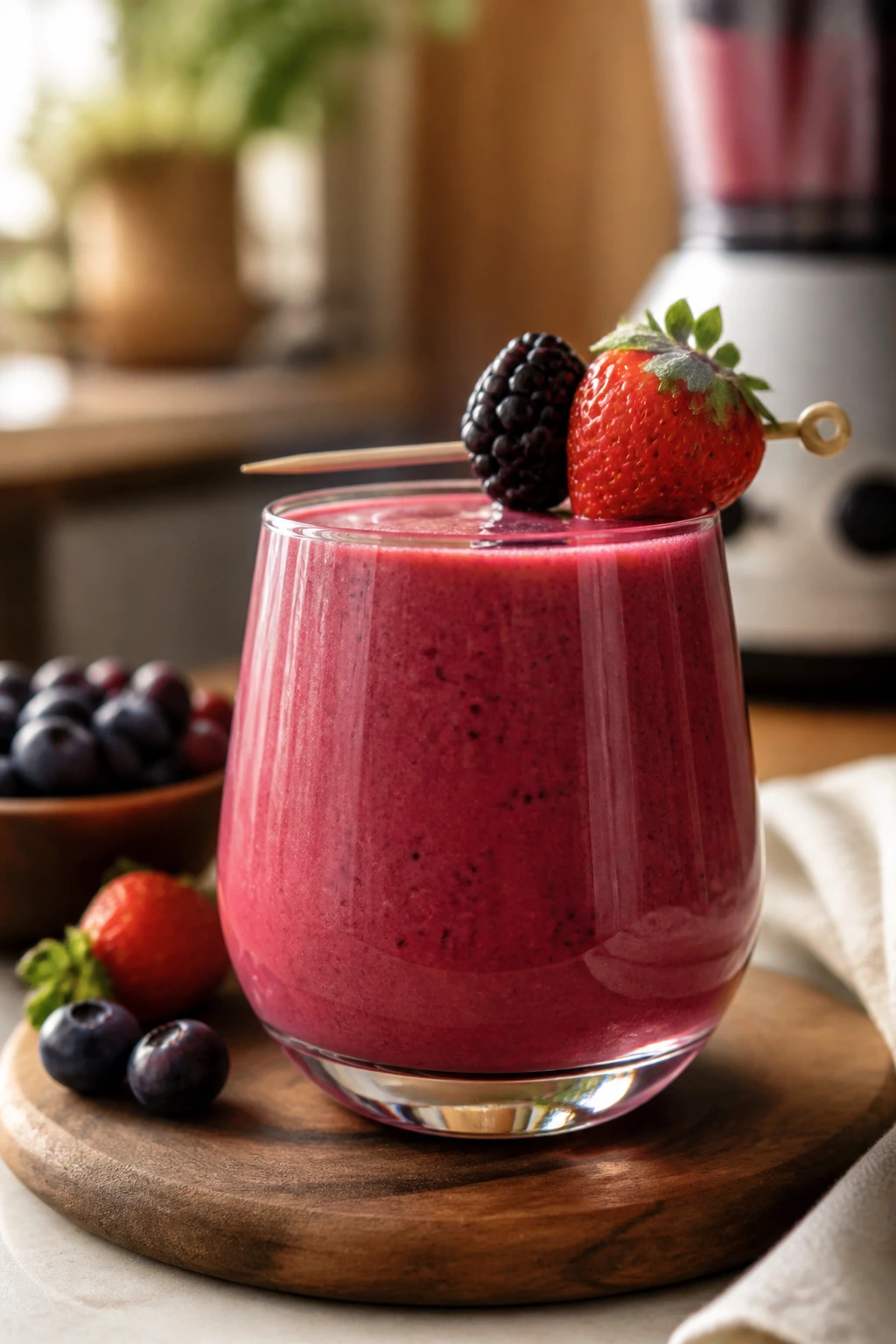 Smoothie glass with berry garnish on rim for intentional serving