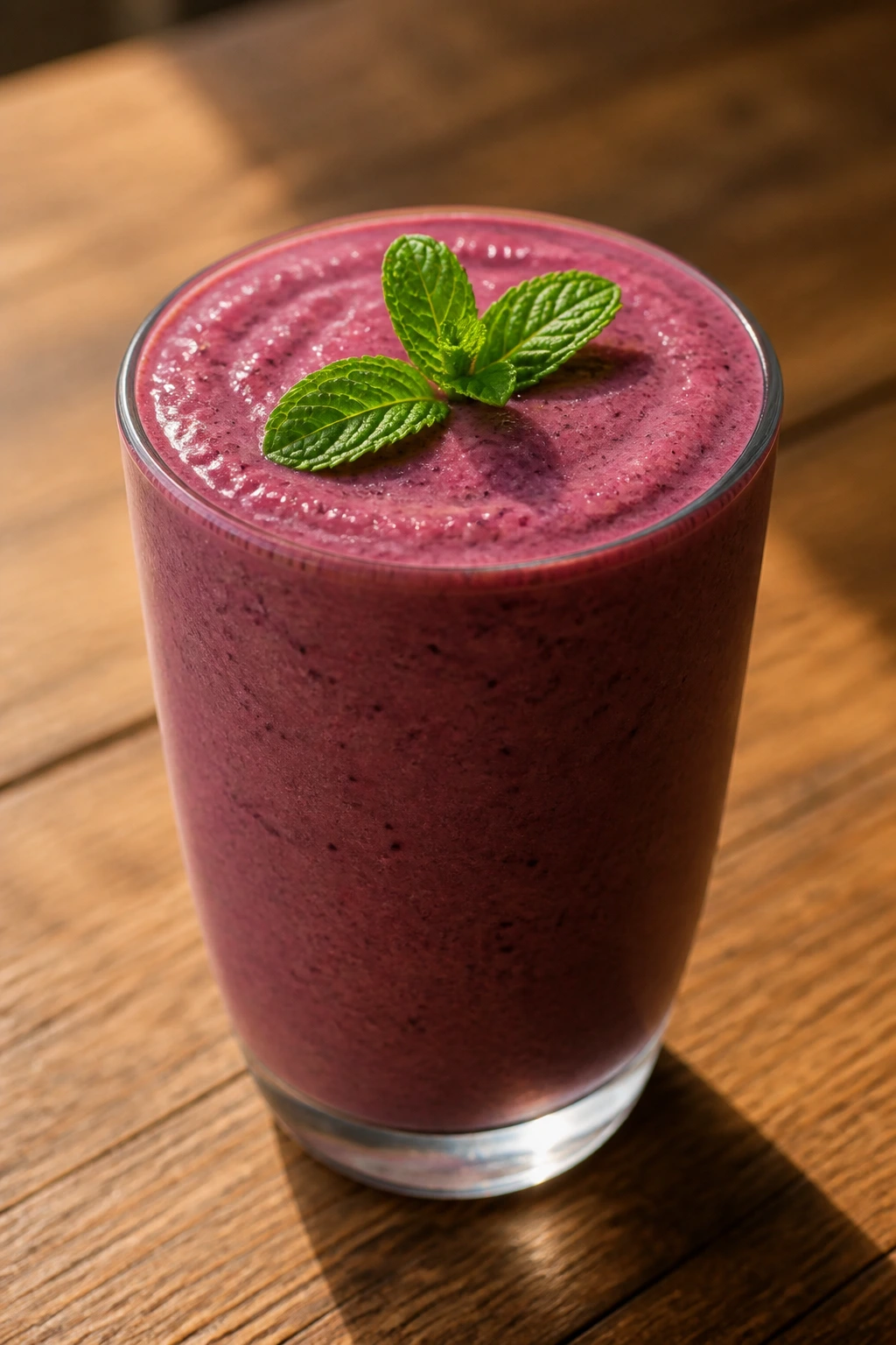 Glass of smoothie on a wooden table with mint garnish