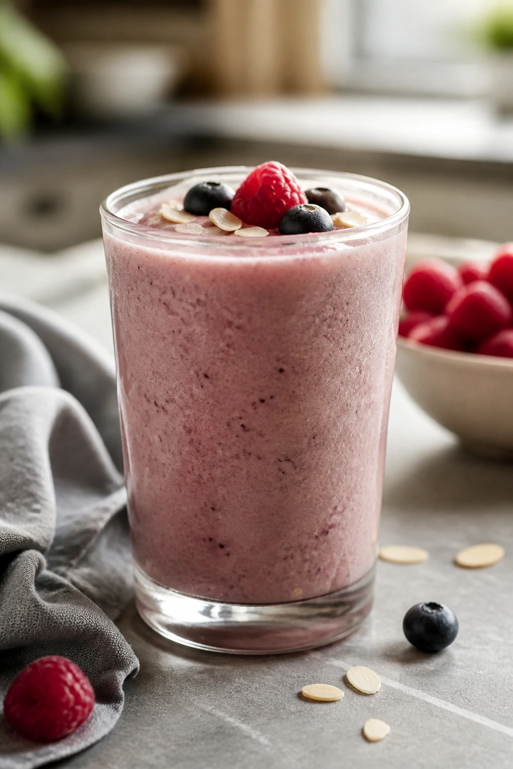 Smoothie poured into a glass with a light garnish