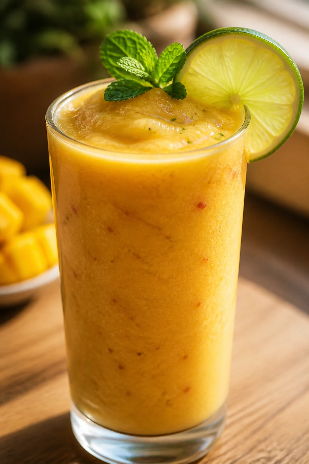 Garnished smoothie in a glass on a table with lime wheel and mint