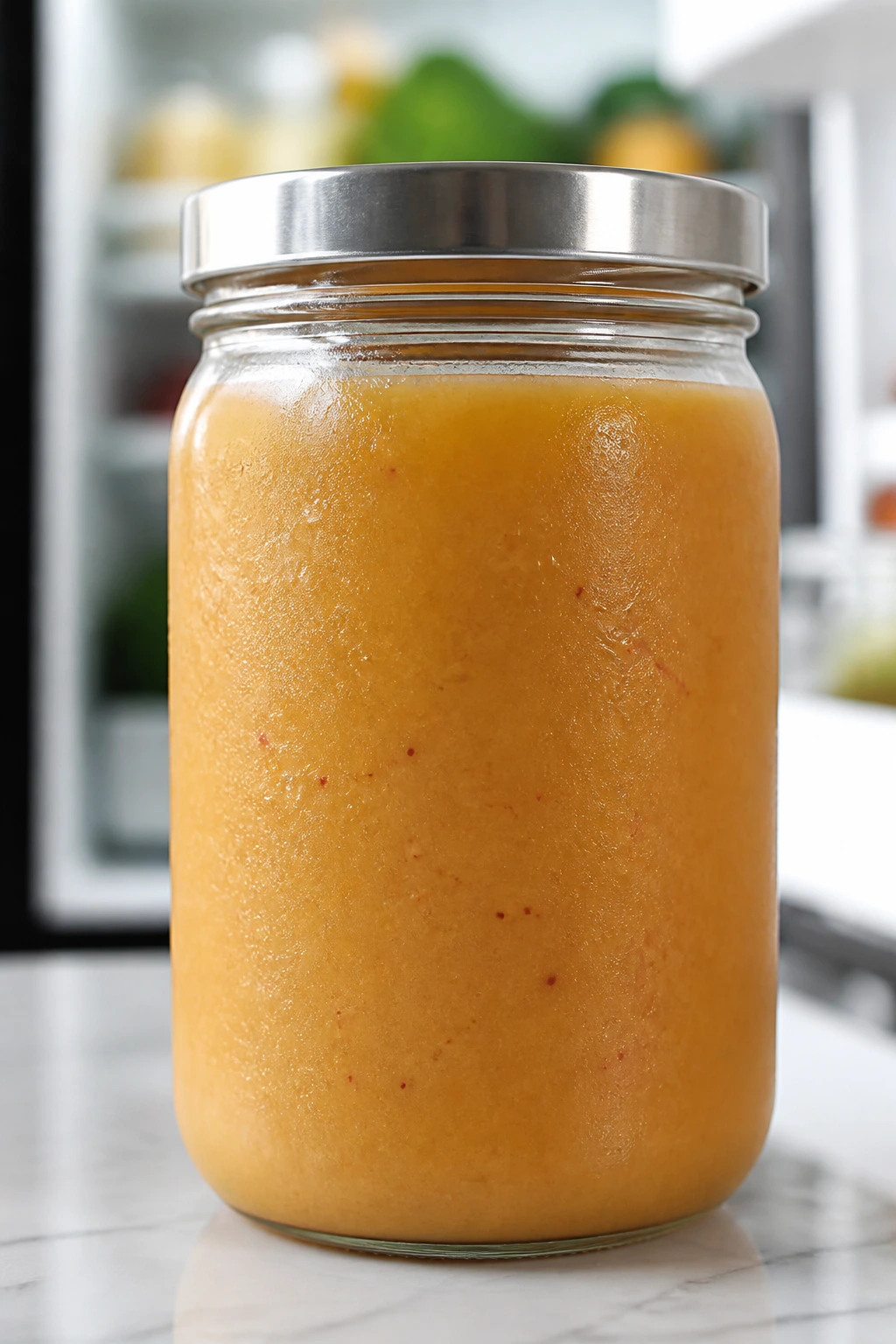 Airtight jar of smoothie stored on a kitchen counter