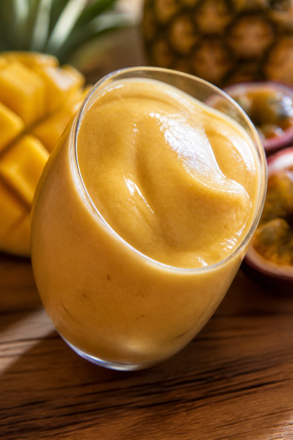 Glass of thick smoothie tilted to show glossy texture on wooden counter