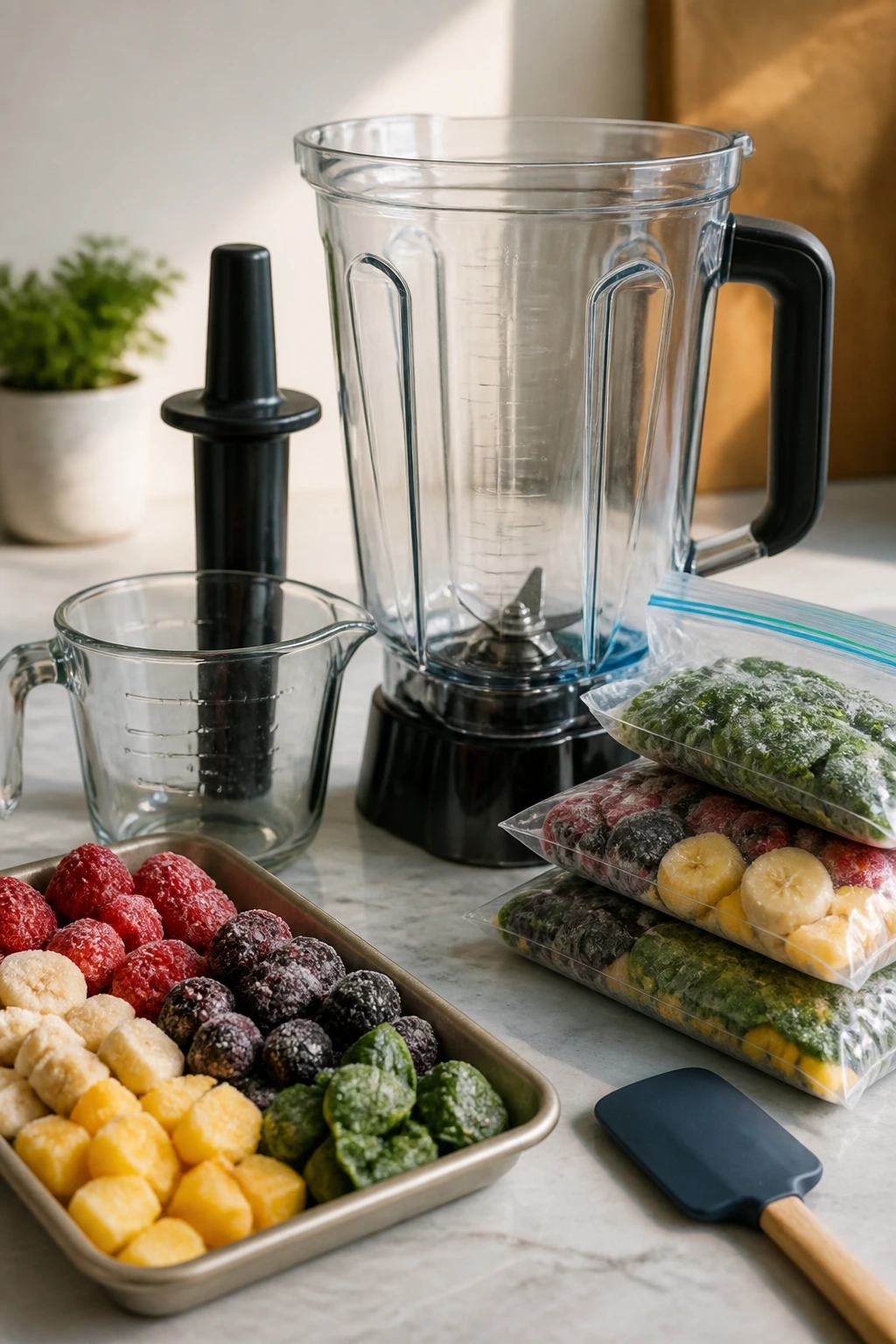 Close-up of key smoothie tools arranged on a kitchen counter