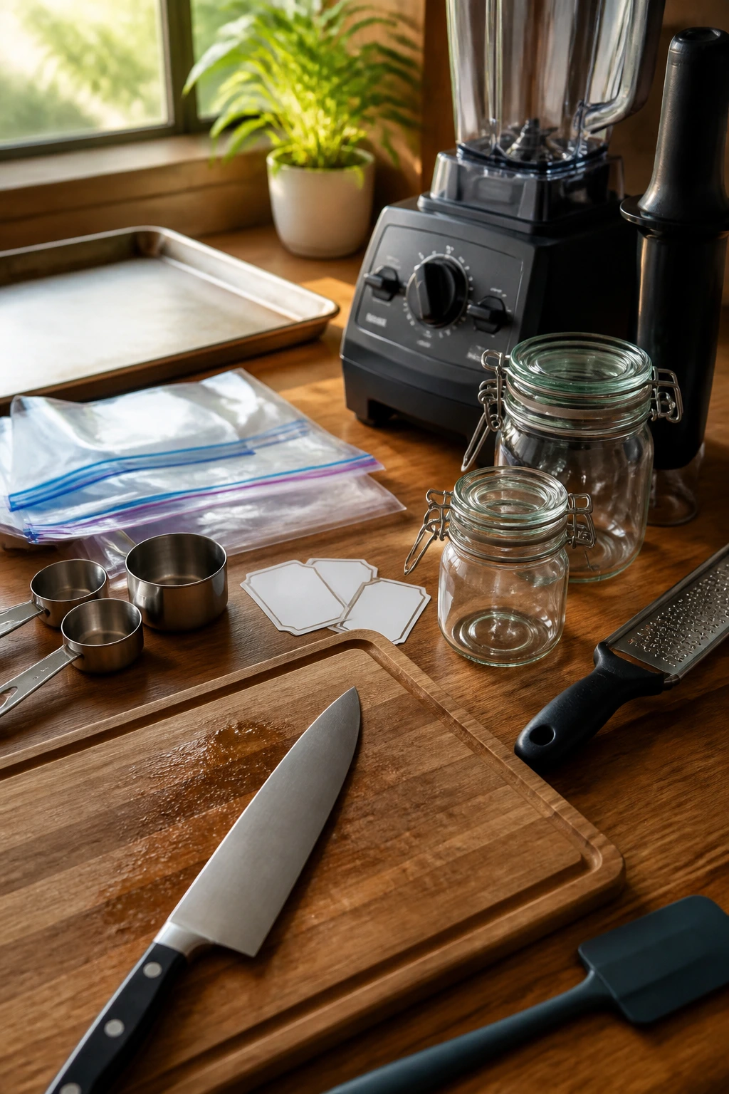 Close-up of smoothie prep tools arranged on a wooden kitchen counter