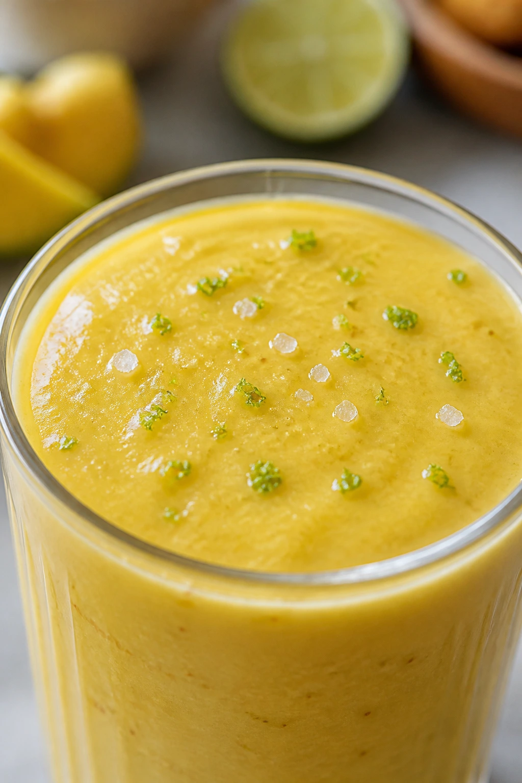 Close-up of smoothie with lime zest and salt crystals topping in a kitchen