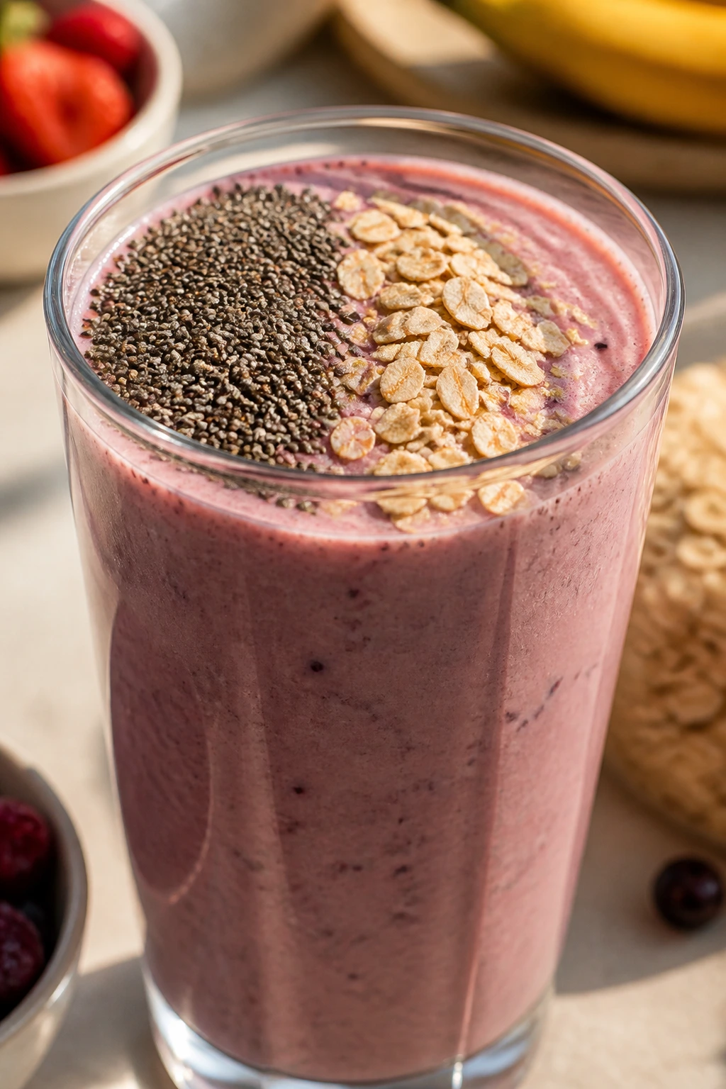 Smoothie with chia seeds and oats toppings showing variations