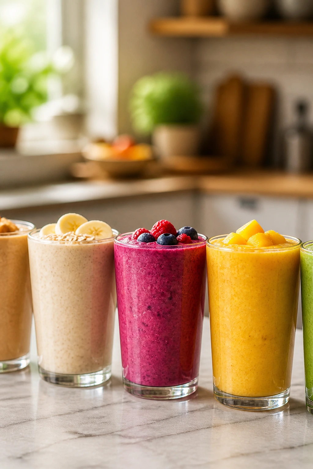 Lineup of vibrant pre-workout smoothies on kitchen counter