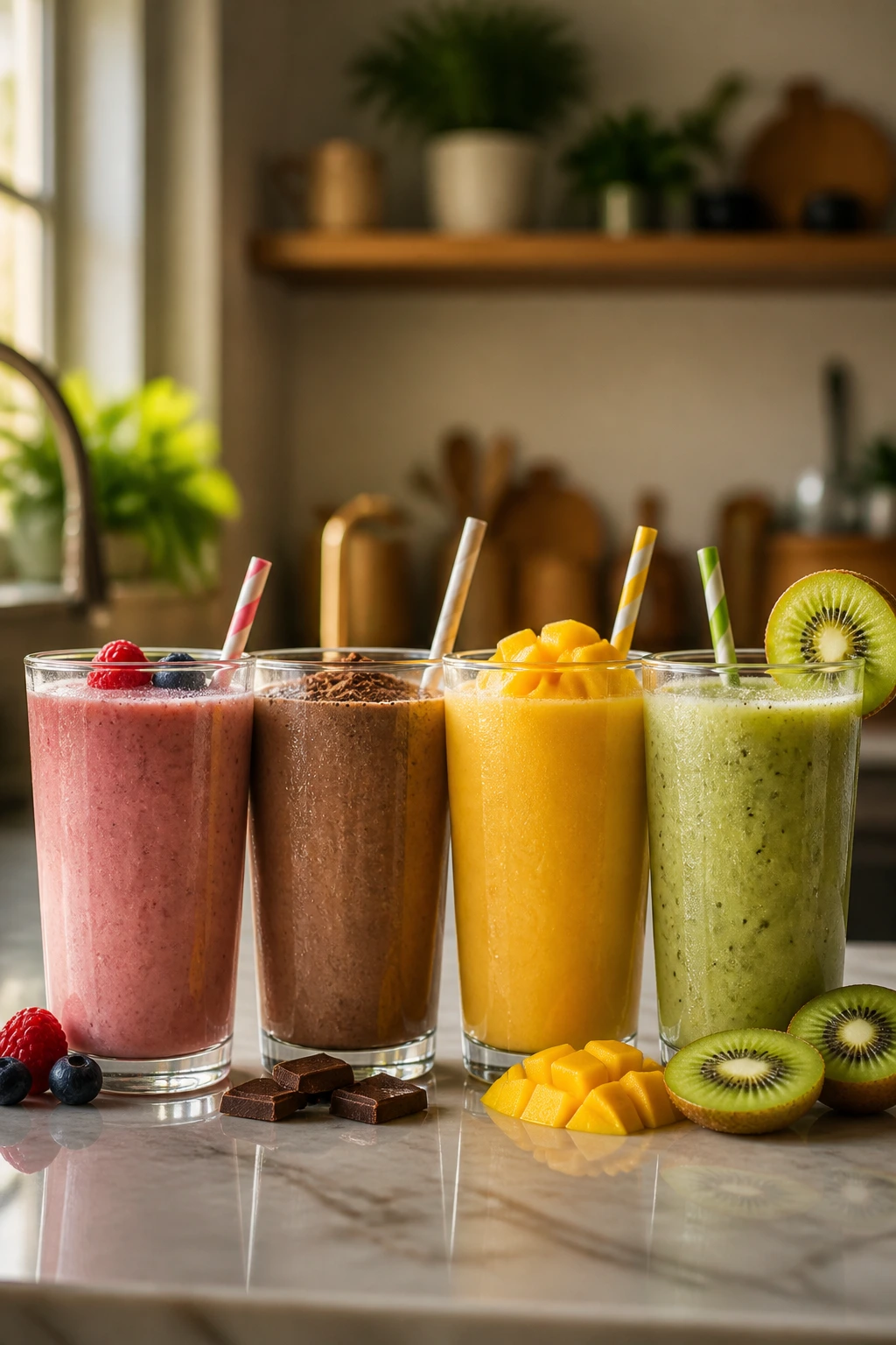 Close-up of four colorful smoothie glasses on a kitchen island after a girls' night