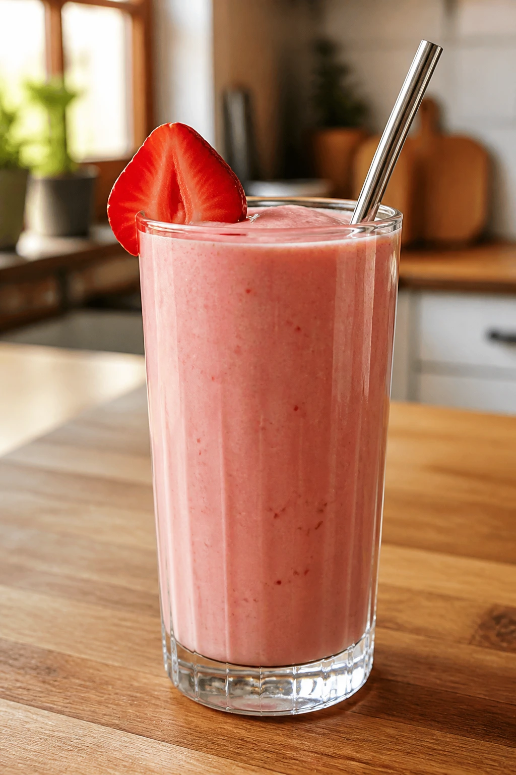 Close-up of pink smoothie in a clear glass with strawberry garnish on wooden counter