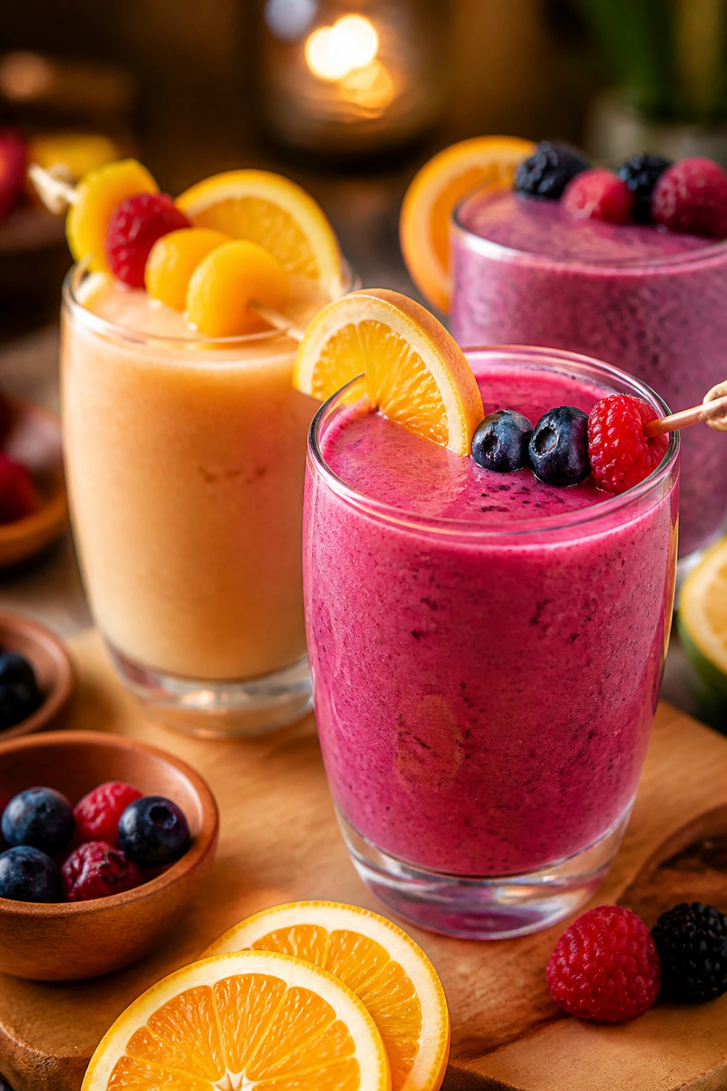 Colorful smoothies served in clear glasses with citrus wheels and berry skewers.