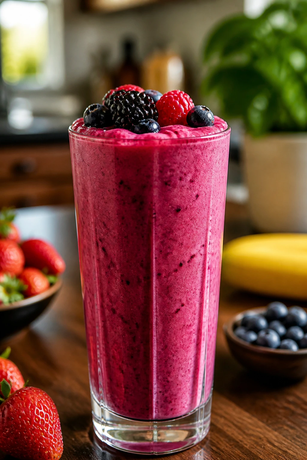 Close-up of a vibrant smoothie on a wooden counter, ready for a girls' night in.