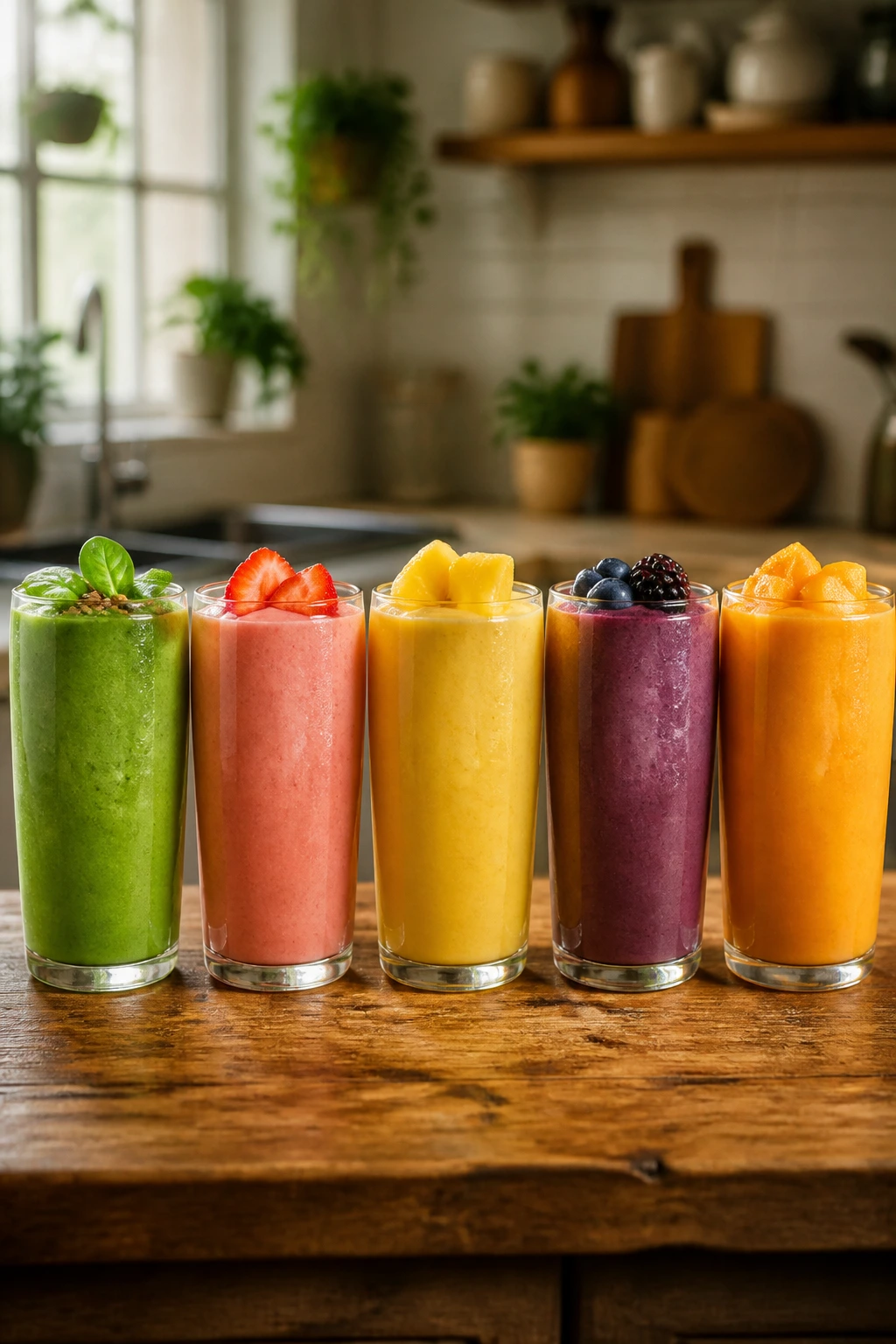 Row of five colorful smoothies on a wooden counter, showing flavor variations