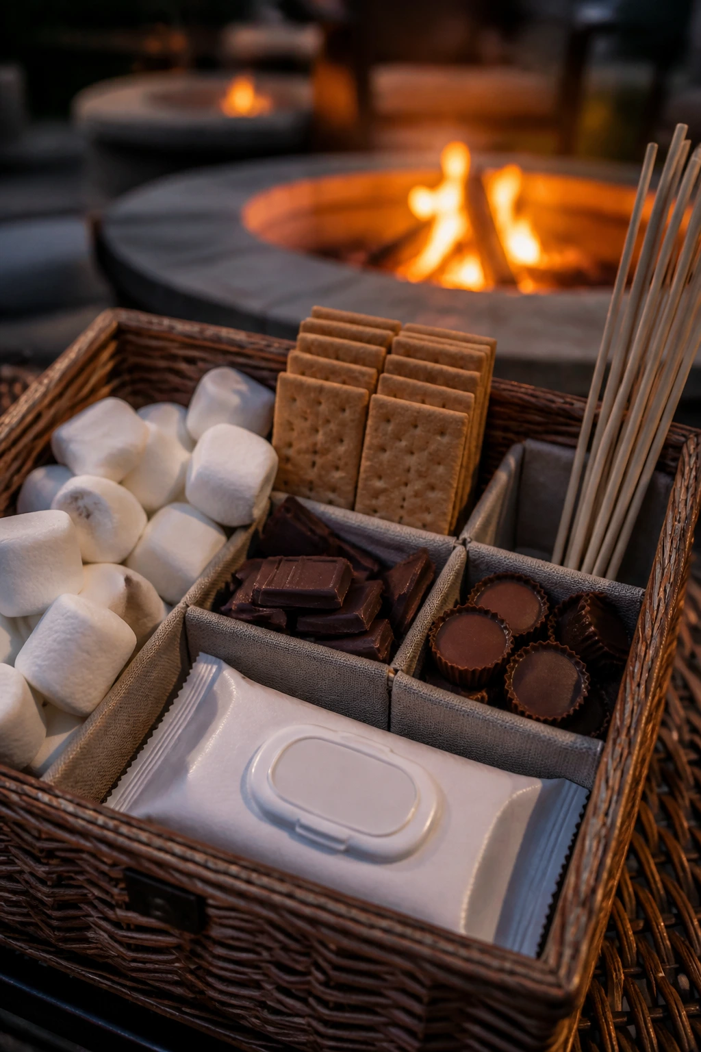 Smores basket with crackers, marshmallows, chocolate, and roasting sticks by a fire pit