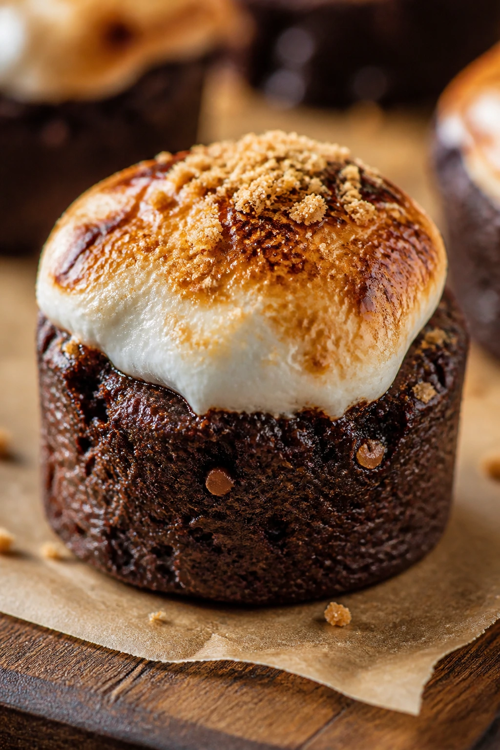 Close-up of a single S’mores brownie bite with marshmallow top on a wooden board