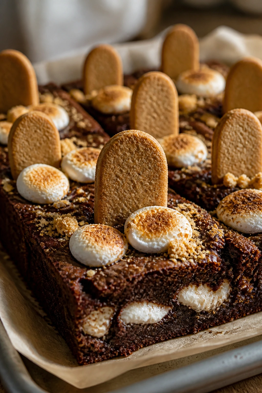 Close-up of a fudgy S’mores Graveyard Brownie with toasted marshmallows and tombstone cookies