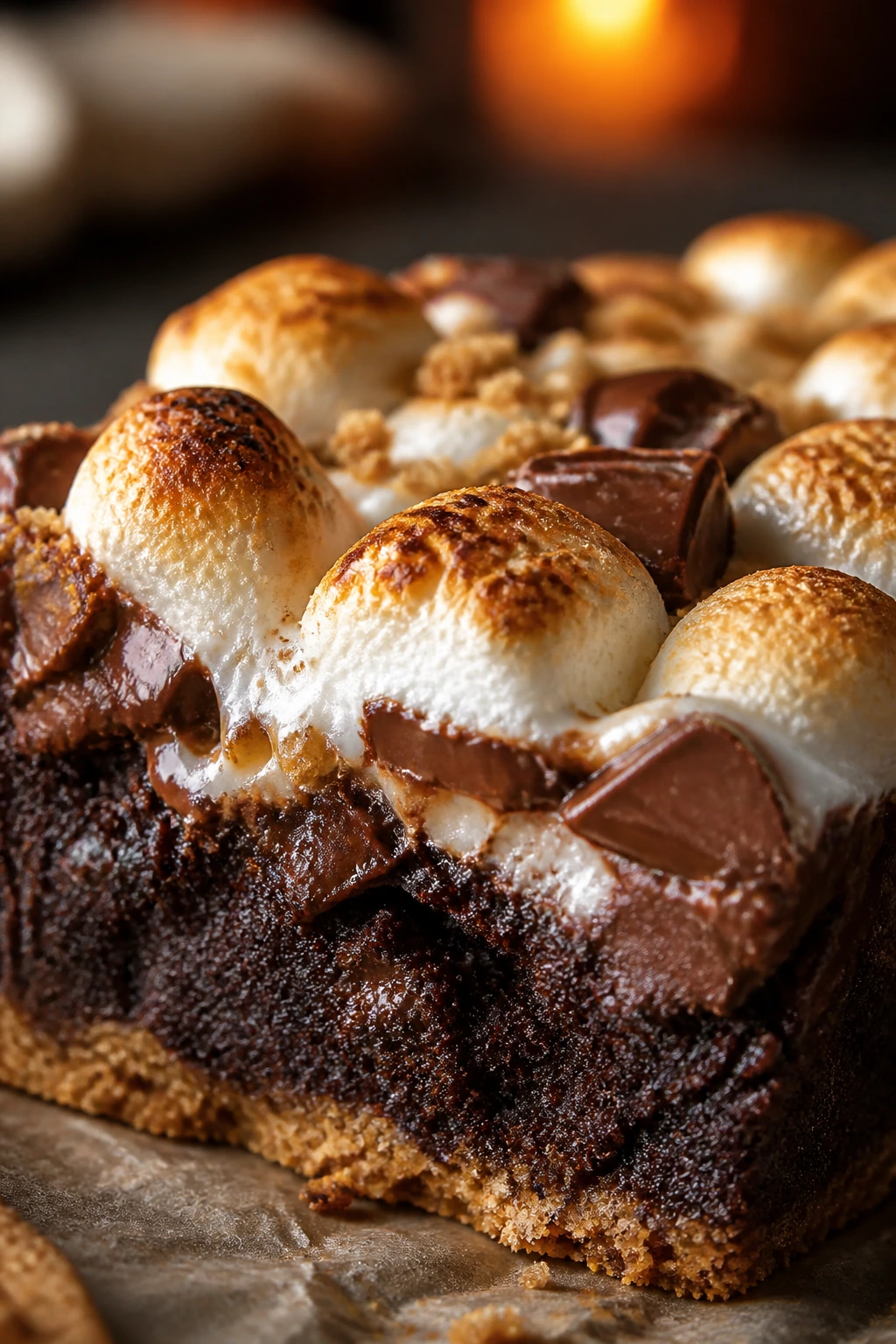 Close-up of s’mores brownie with graham crust and toasted marshmallows