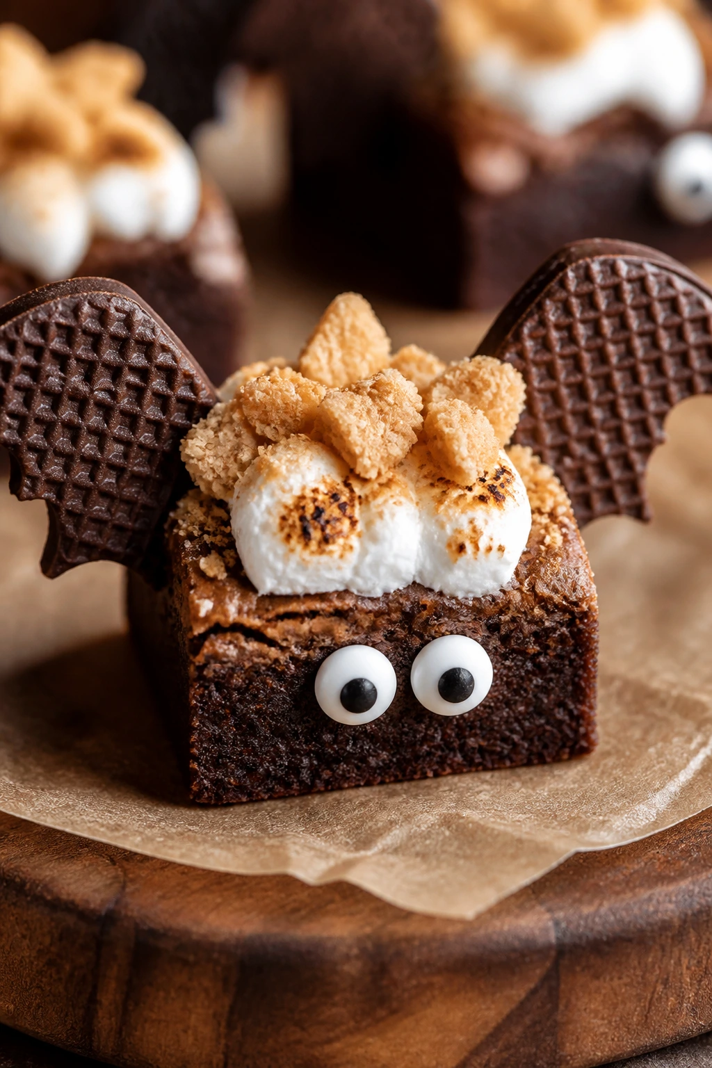 Close-up of a S’mores Bat Brownie with graham crackers and toasted marshmallow and wings