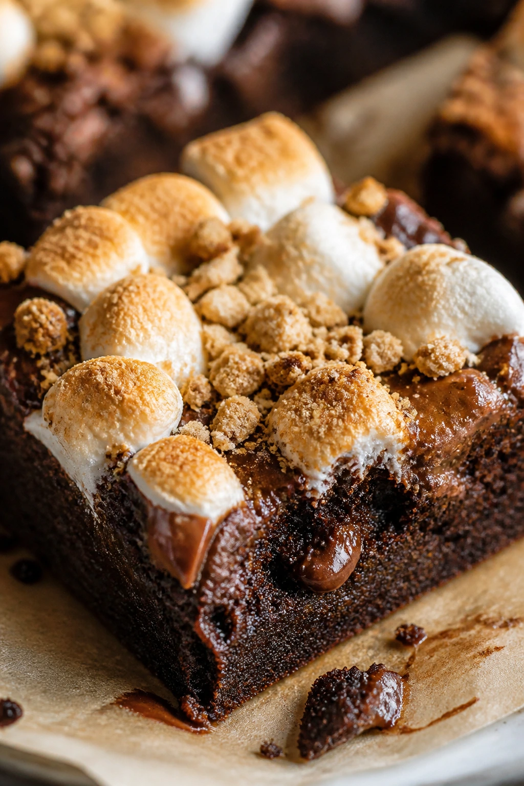 Close-up of S’mores Brownies with melted marshmallows and graham crackers
