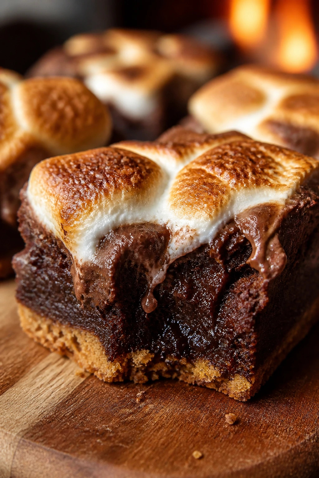 Close-up of s'mores brownie with graham crust hint and glossy top