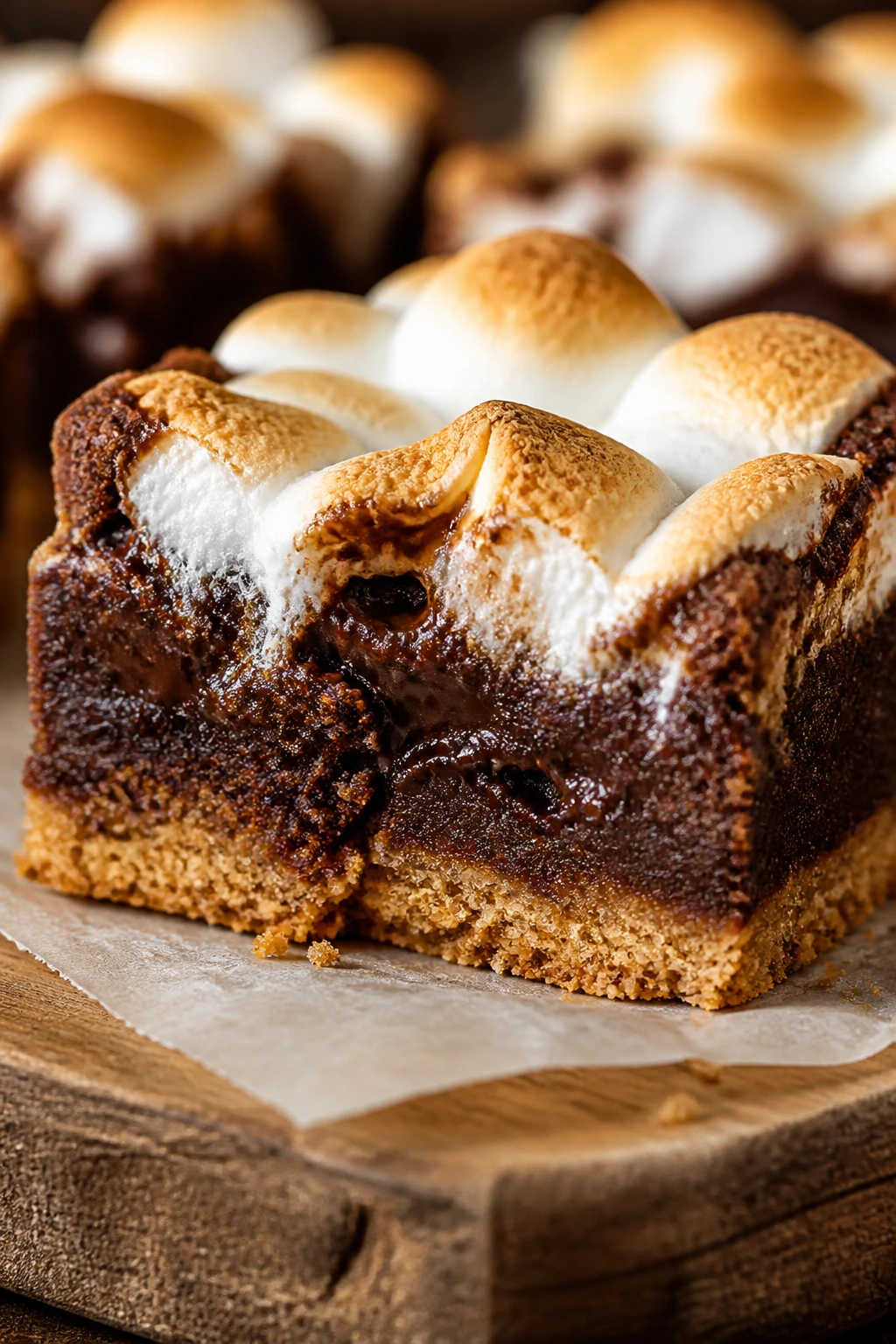 Close-up cross-section of S’mores Brownies with graham base, fudgy brownie, and toasted marshmallows.