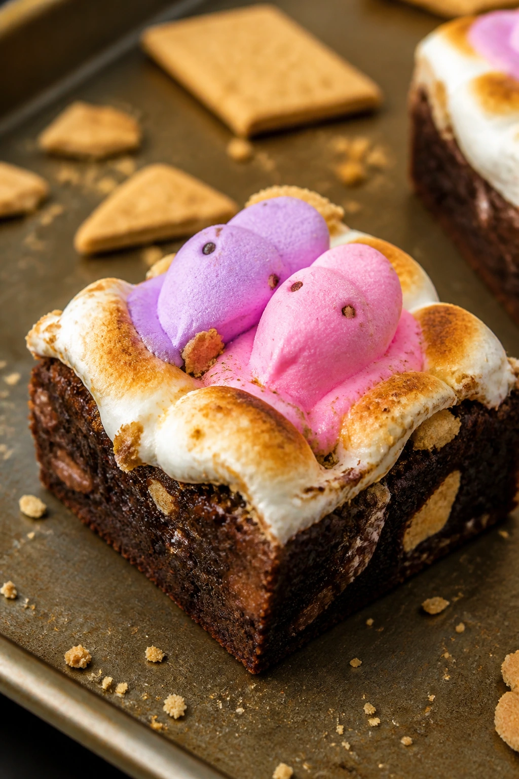Brownie square topped with Peeps and marshmallow on a baking sheet