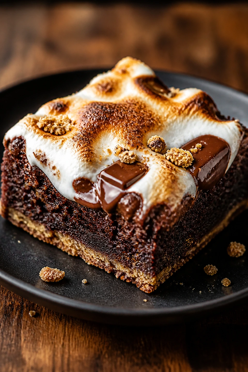 Brownie square with toasted marshmallow on dark plate