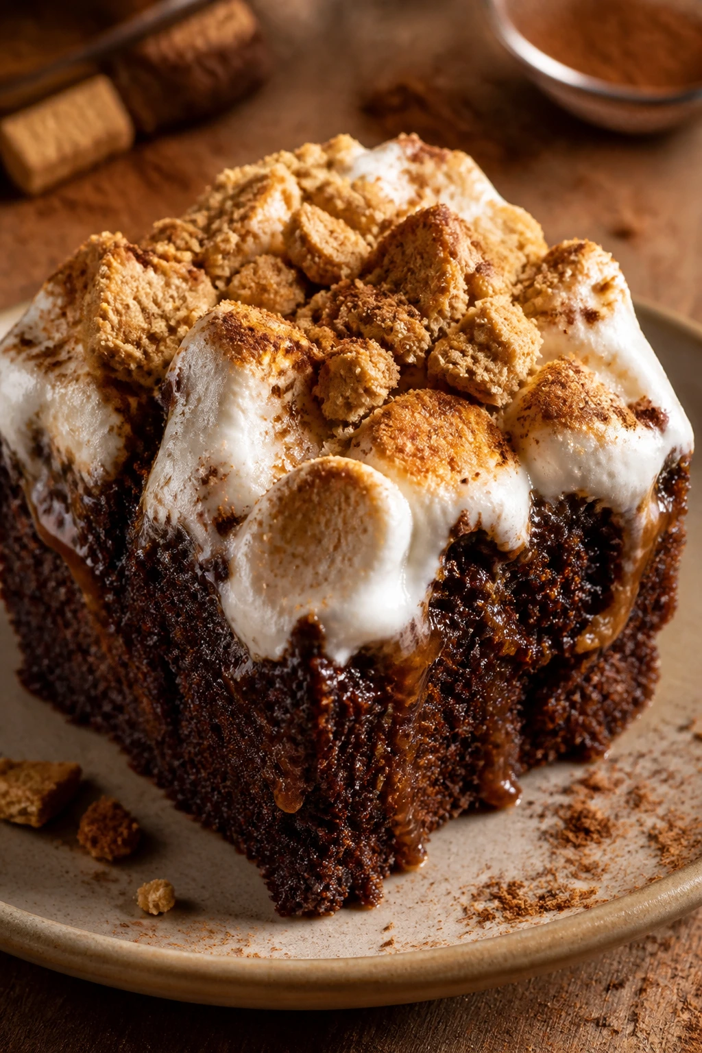 Chocolate cake slice with marshmallows and graham crackers on plate