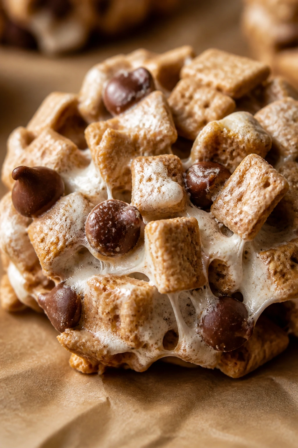 Close-up of a s'mores cereal nest cookie with marshmallows and chocolate chips on a warm surface