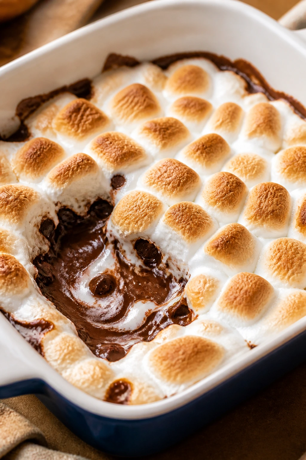 Melted chocolate with toasted marshmallows in a baking dish