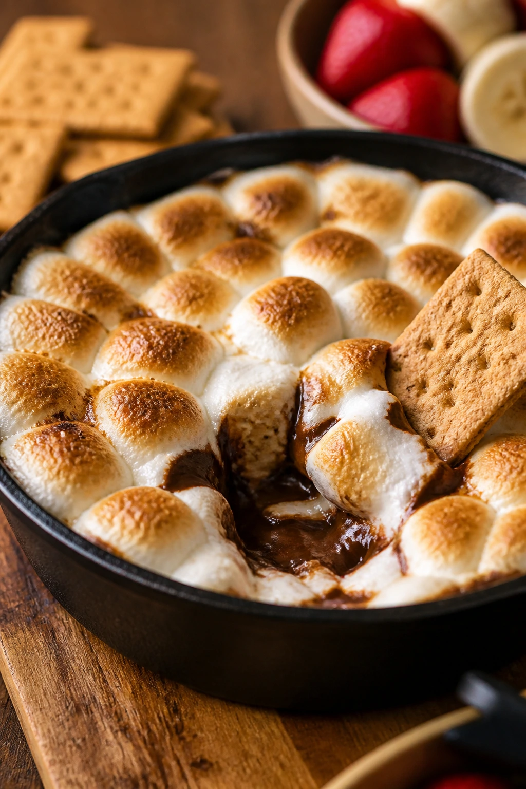 Skillet of Easy S’mores Dip with melted chocolate and marshmallows