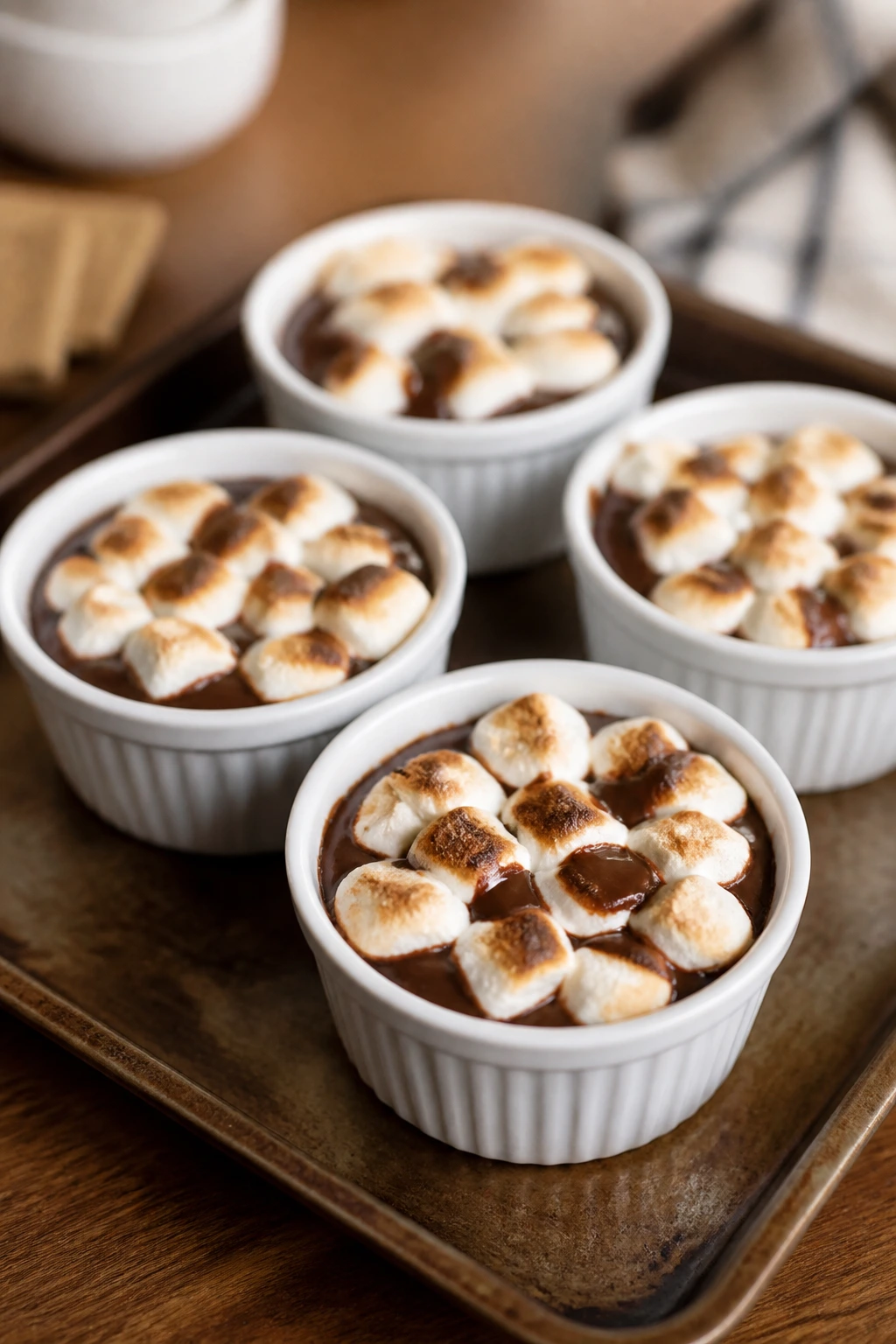 Close-up of s’mores dip cups with marshmallows