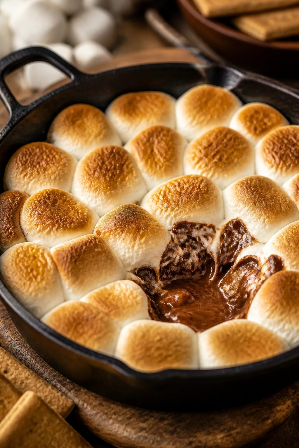 S'mores dip in skillet with toasted marshmallows