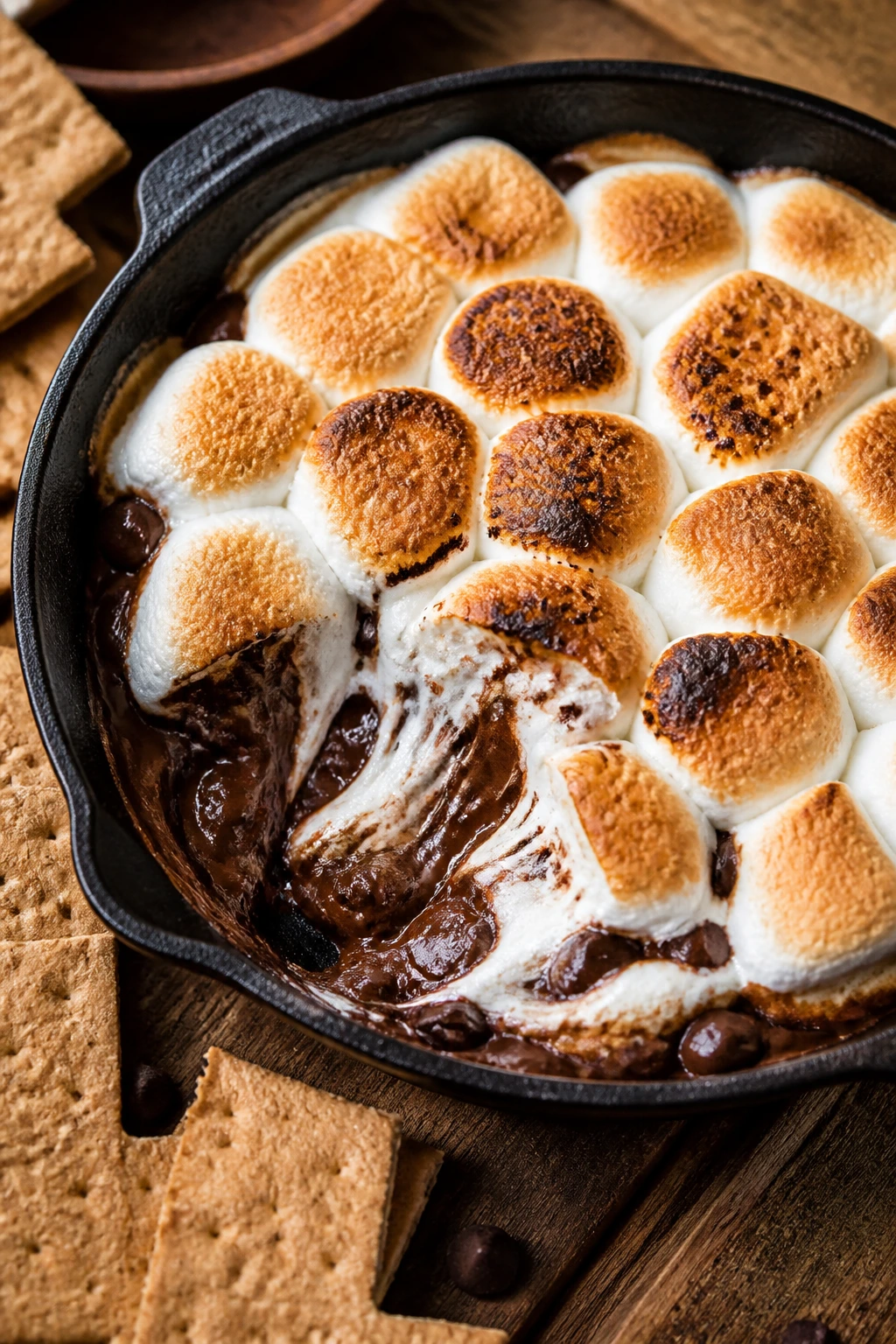 Skillet s’mores dip with melted chocolate and marshmallows